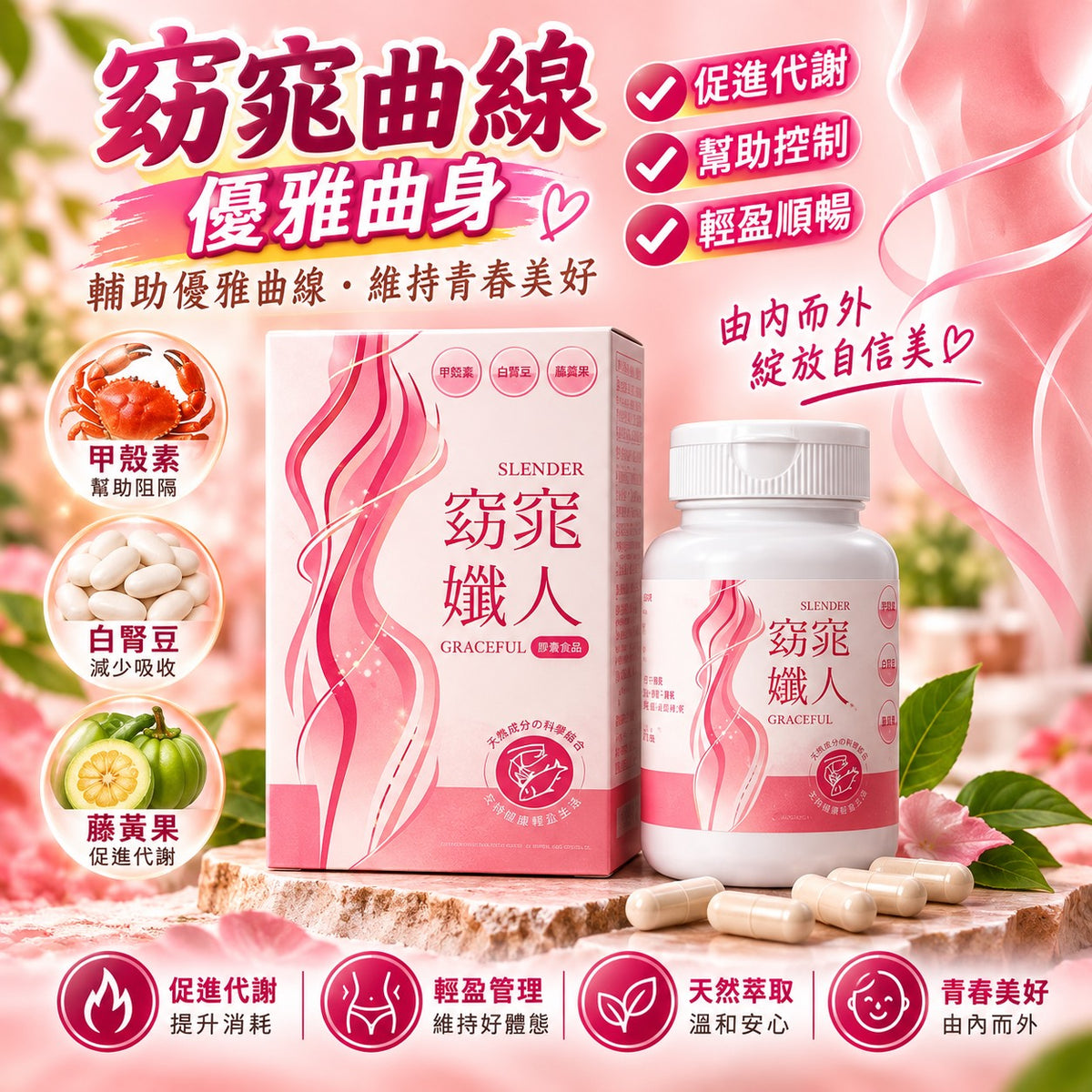 窈窕孅人｜甲殼素・白腎豆・藤黃果 植萃代謝管理膠囊｜60粒/瓶