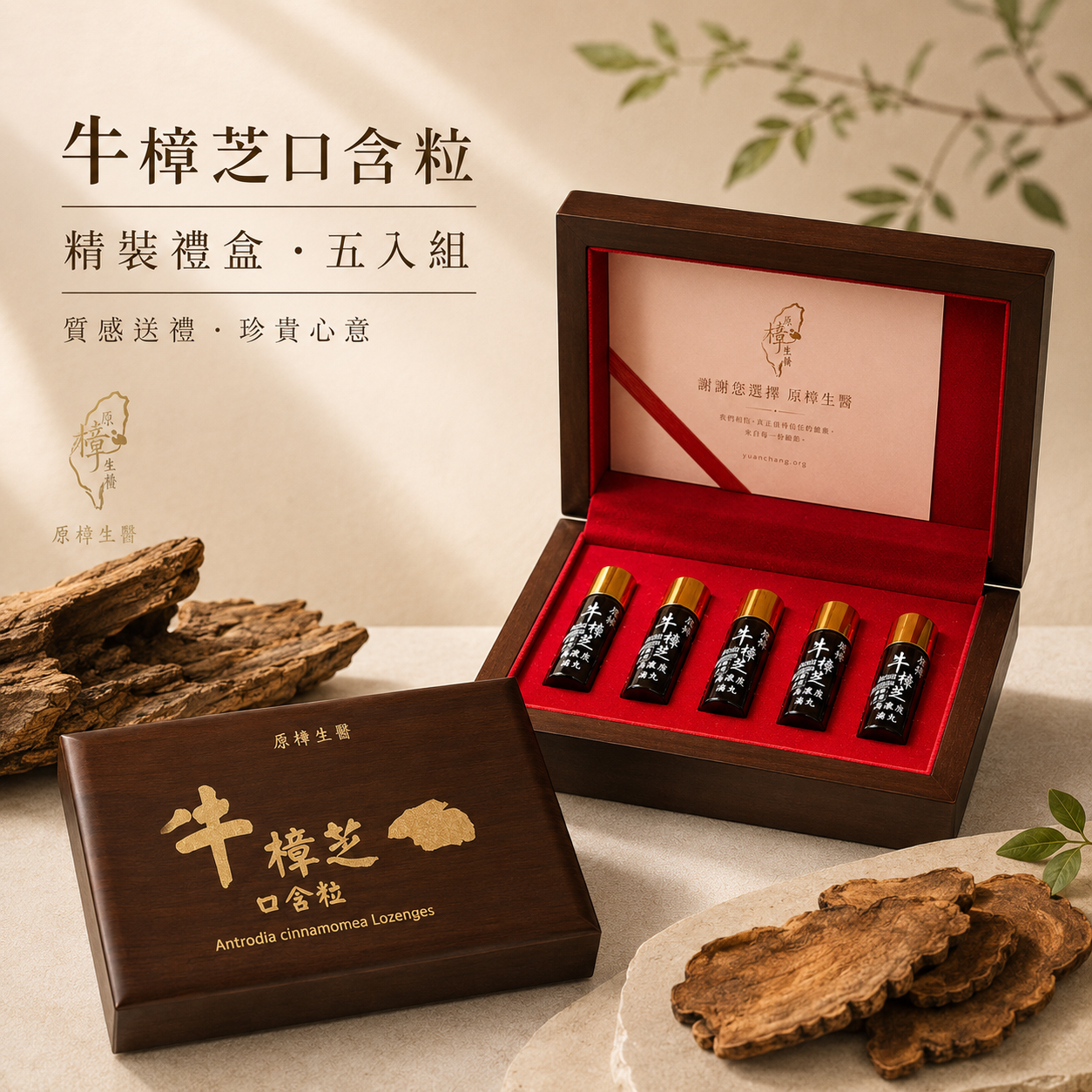 精緻木盒 × 牛樟芝口含粒｜尊享5入組